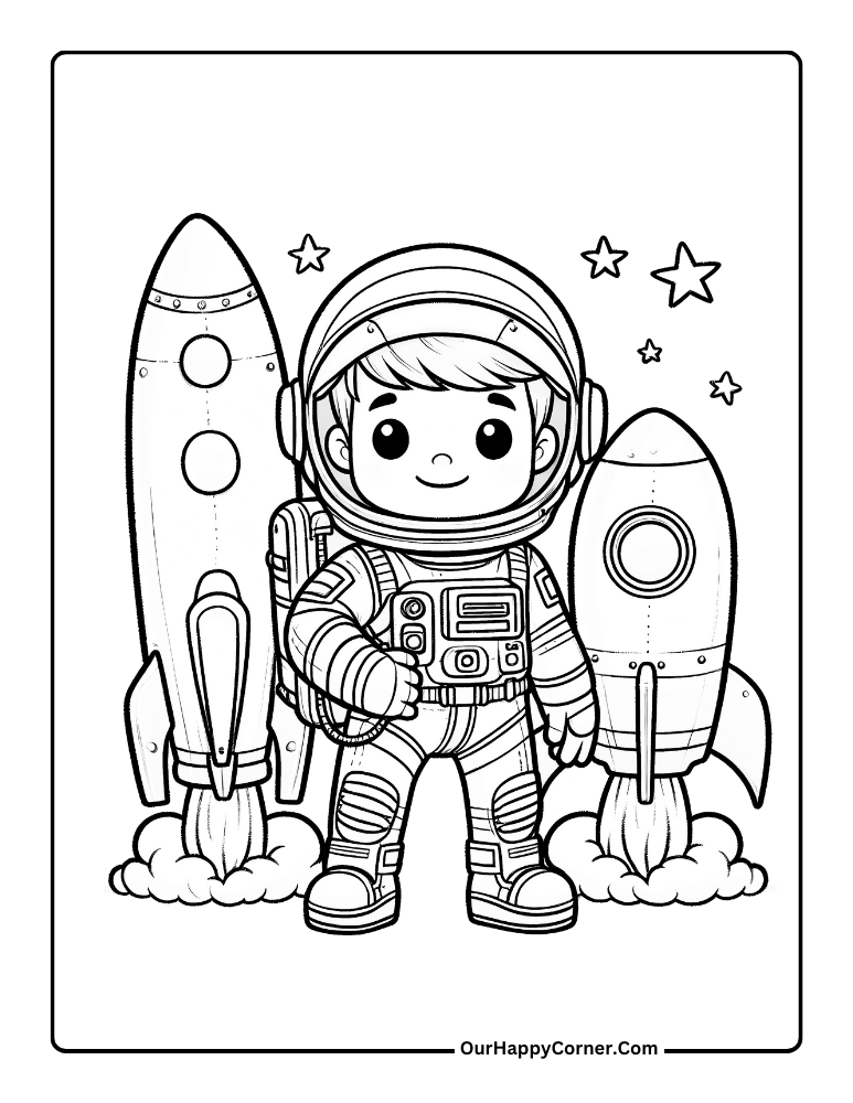 Astronaut in space and rockets behind