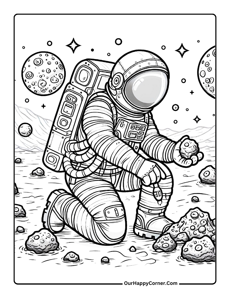 Astronaut in space picking up rocks