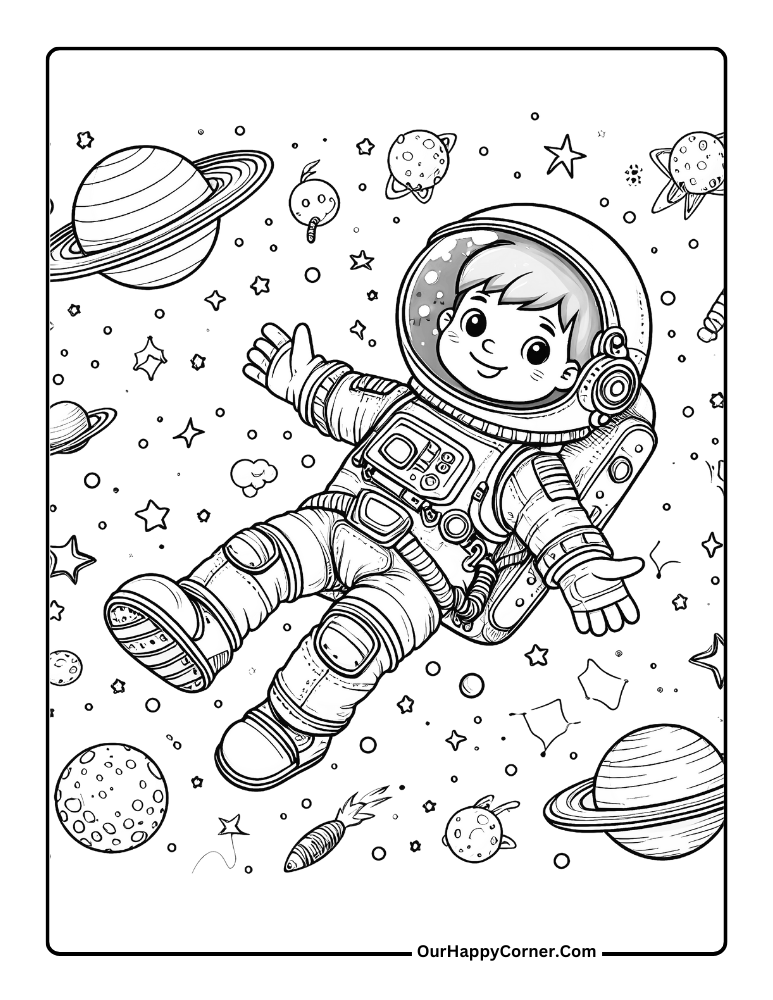Astronaut Coloring Page floating in space
