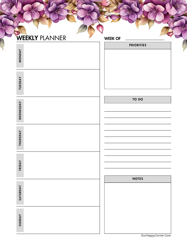 Purple flowers decorated planner