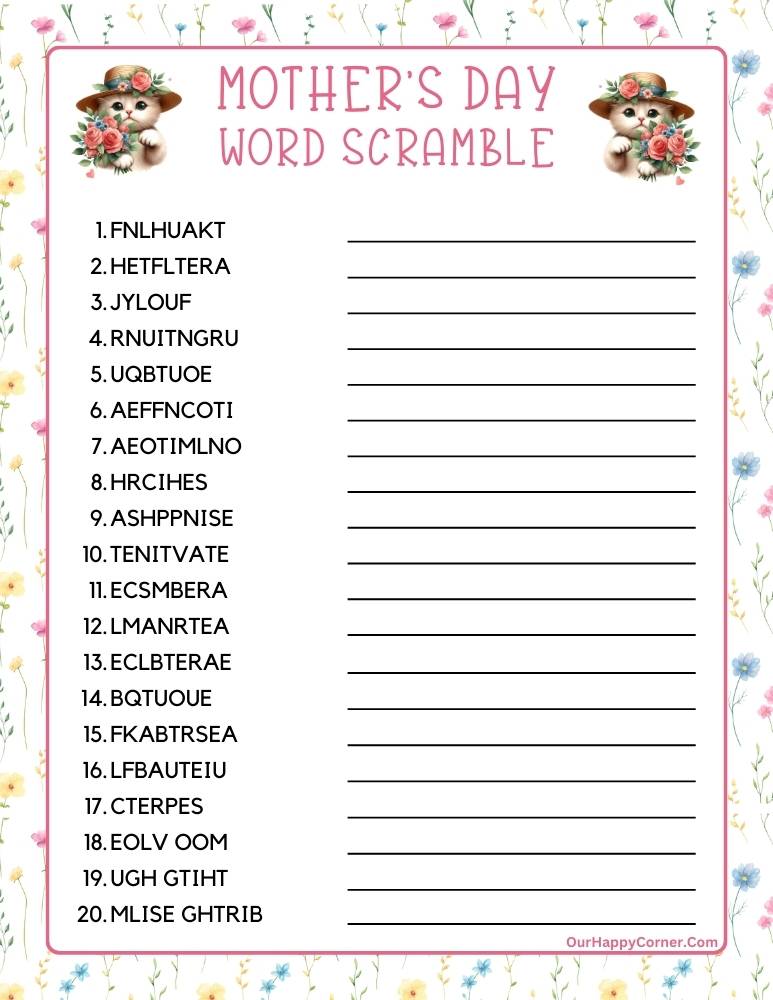 Mother's Day Word Scramble Printable with Space to Fill In Answers
