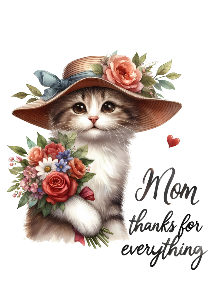 Cat Wearing Hat and Holding Mother's Day Flowers
