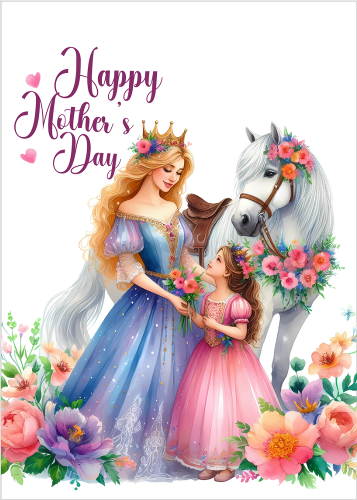 Princess and little girl next to horse