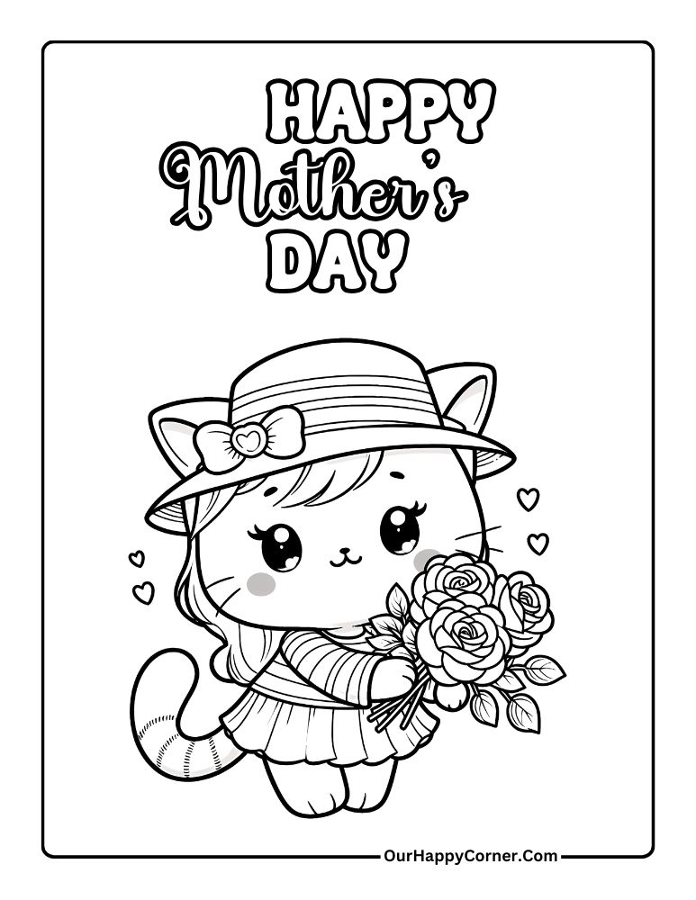 Happy Mother's Day Coloring Page of a Cat Holding Flowers
