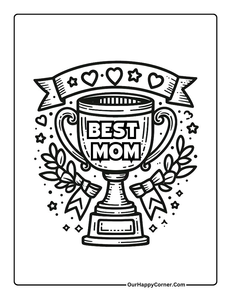 Mother's day Coloring Page of Trophy written Best Mom