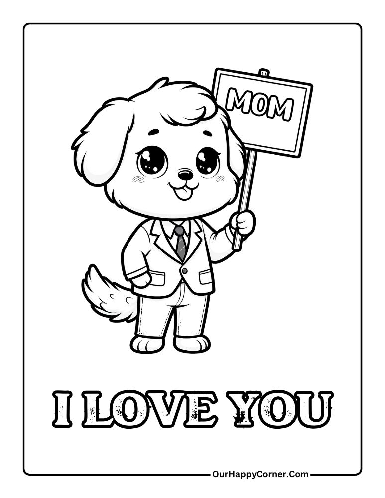 Mother's Day Coloring Page of Dog Holding Placard and message I Love You 