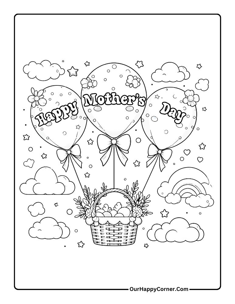 Mother's Day Coloring Page of Balloons written Happy Mother's day