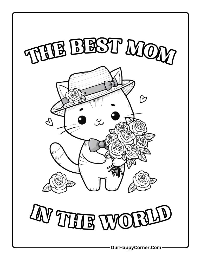 Mother's Day Coloring Page of Cat Holding Flowers