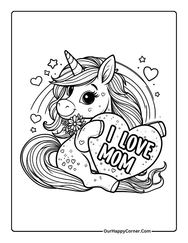 Mother's Day Coloring Page of Unicorn with message I Love Mom