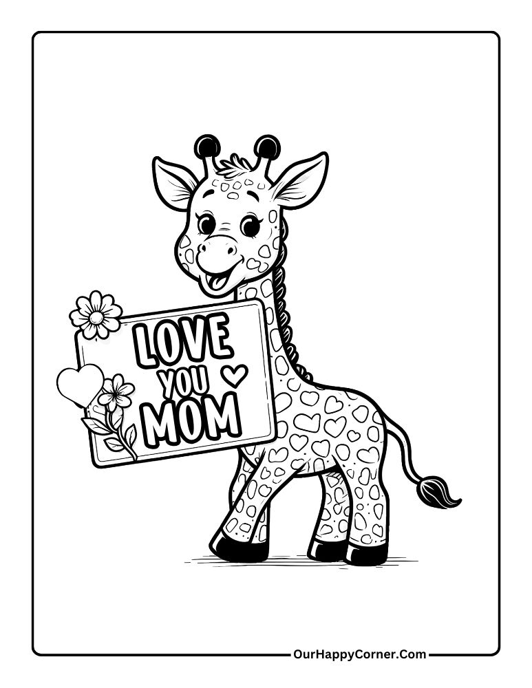 Mother's Day Coloring Page of Giraffe holding message Love You Mom for Mother's Day