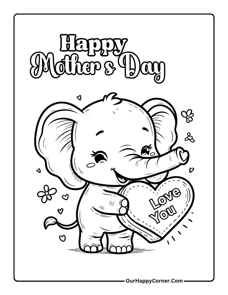 Elephant holding a heart  and message Happy Mother's Day