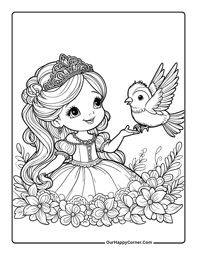 Princess Coloring Page of Princess Carrying a Bird