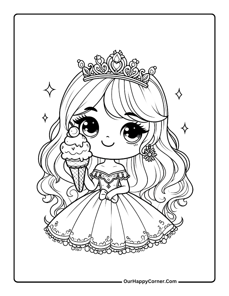 Princess Coloring Page of Princess Eating Ice Cream