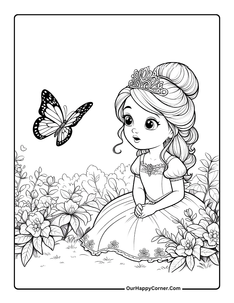 Princess Coloring Page O Princess Staring at a Butterfly