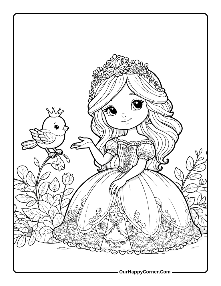 Princess and a bird coloring page