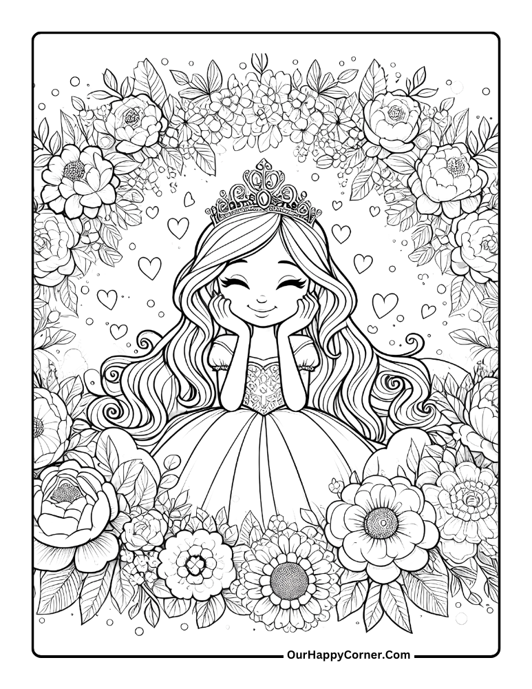 Princess Coloring Page of Princess around flowers