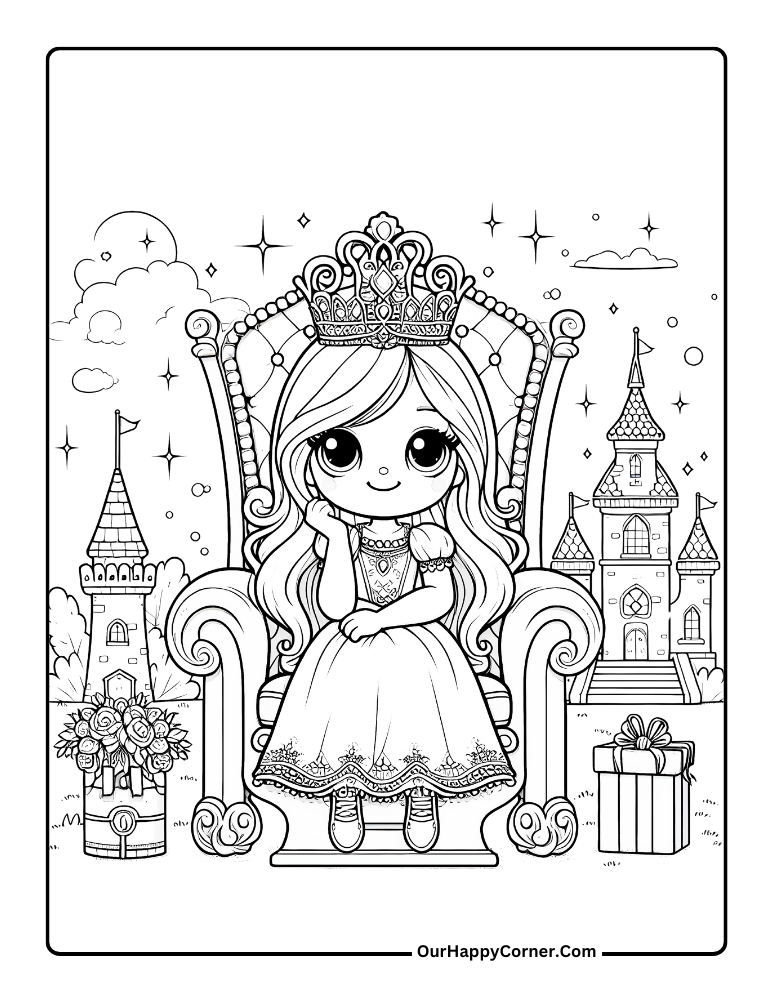 Princess Coloring Page of Princess sitting on her throne