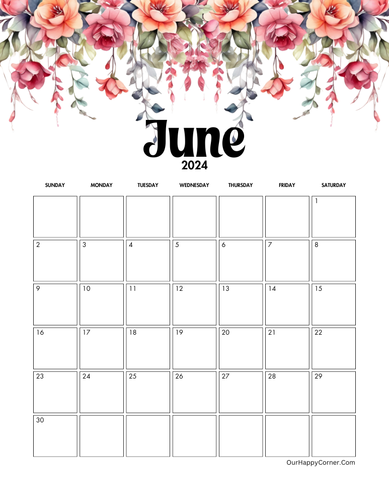 June 2024 calendar in with colorful flowers decoration