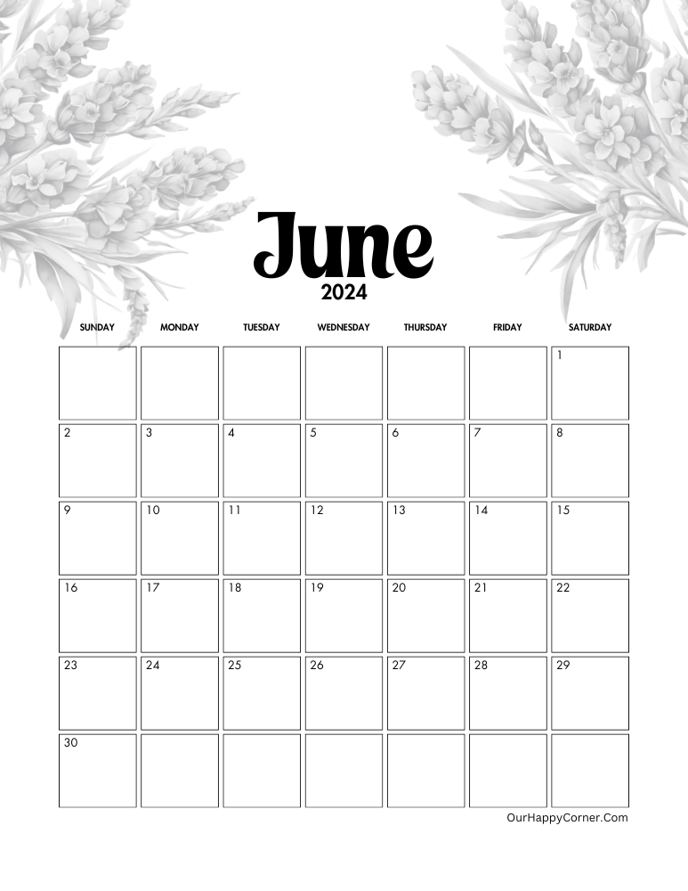 June 2024 calendar decorated with grey flowers