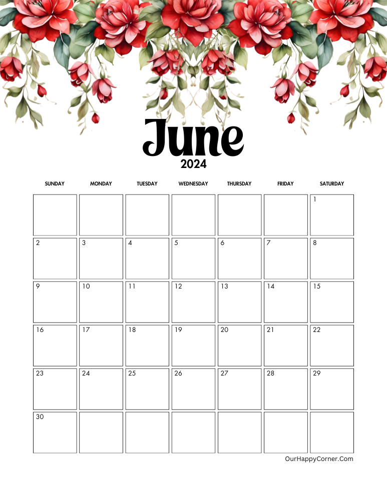 monthly calendar of year 2024 June