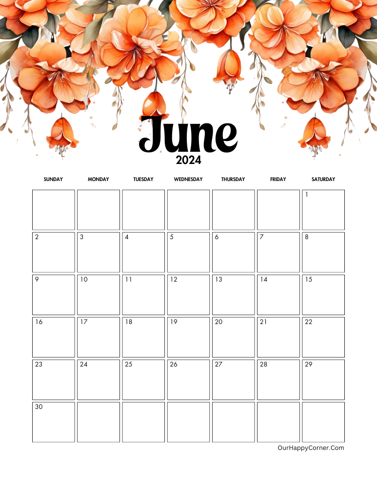 Floral June month Calendar Sunday start