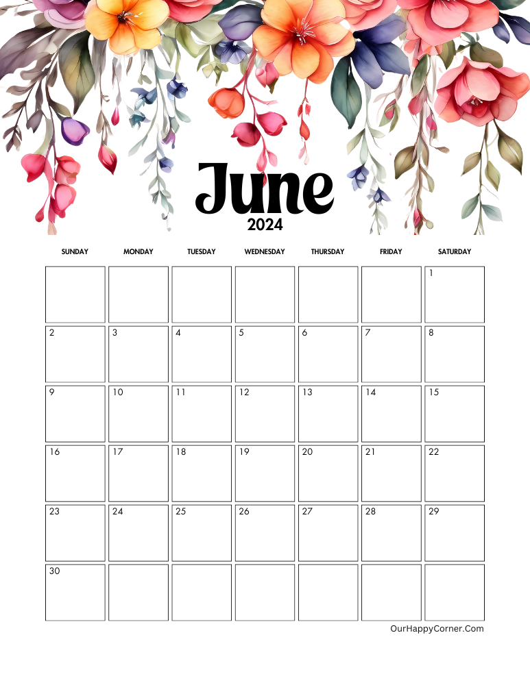 Sunday start June floral calendar