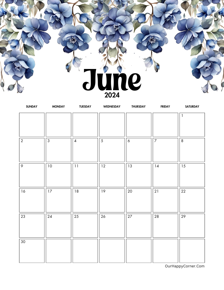 Sunday start June floral calendar