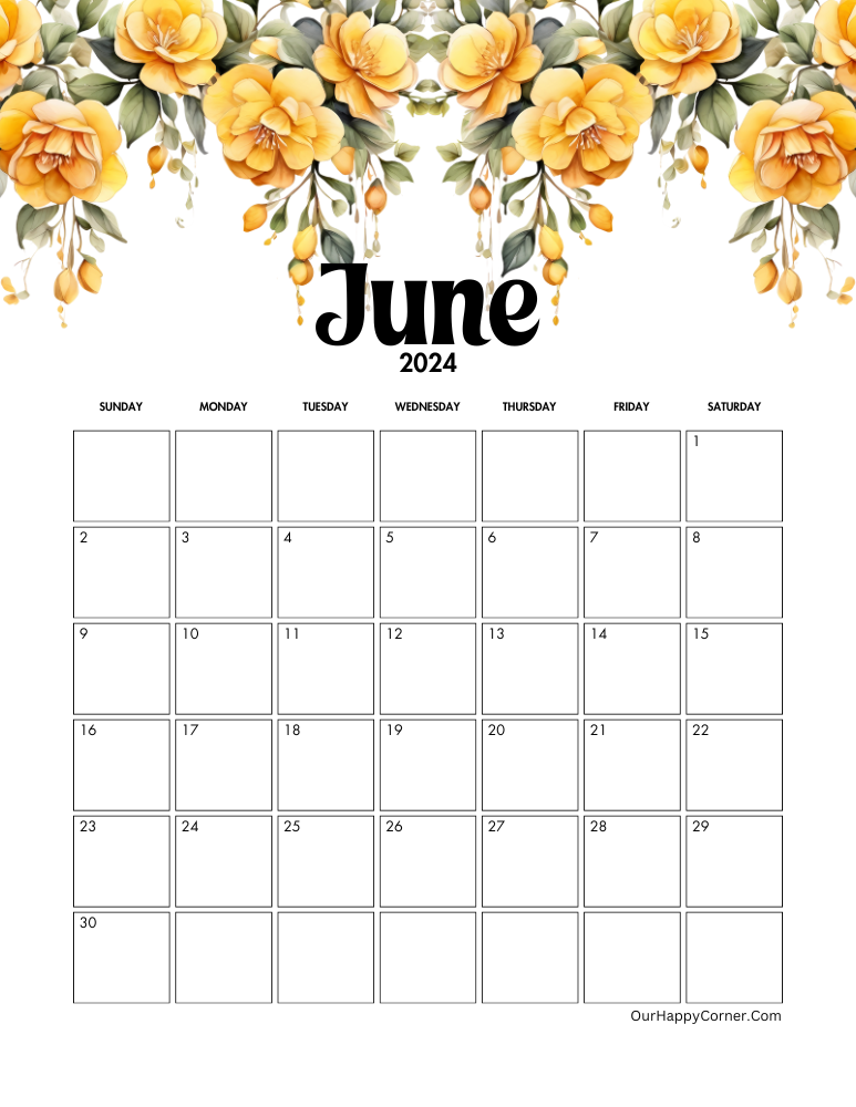 Sunday start June floral calendar