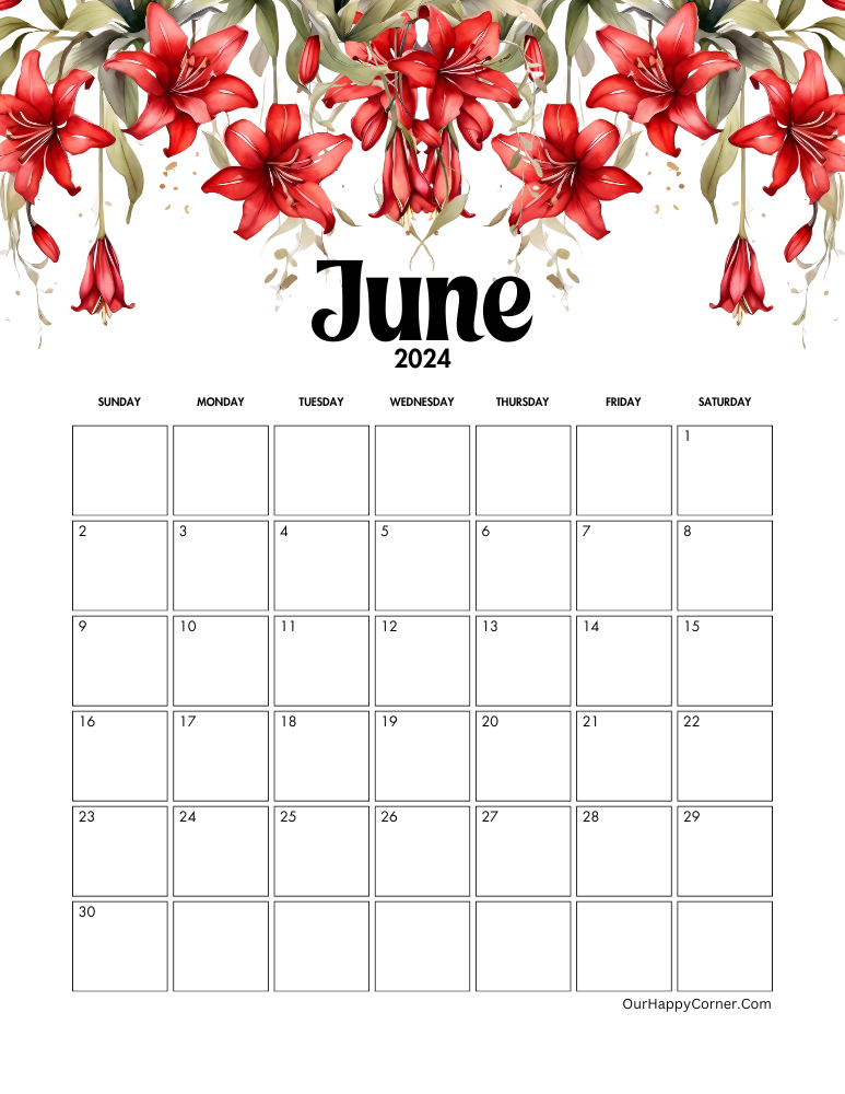 Floral June 2024 calendar in red flowers