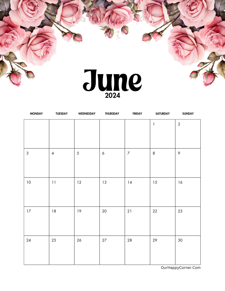 Pink roses Monday start calendar