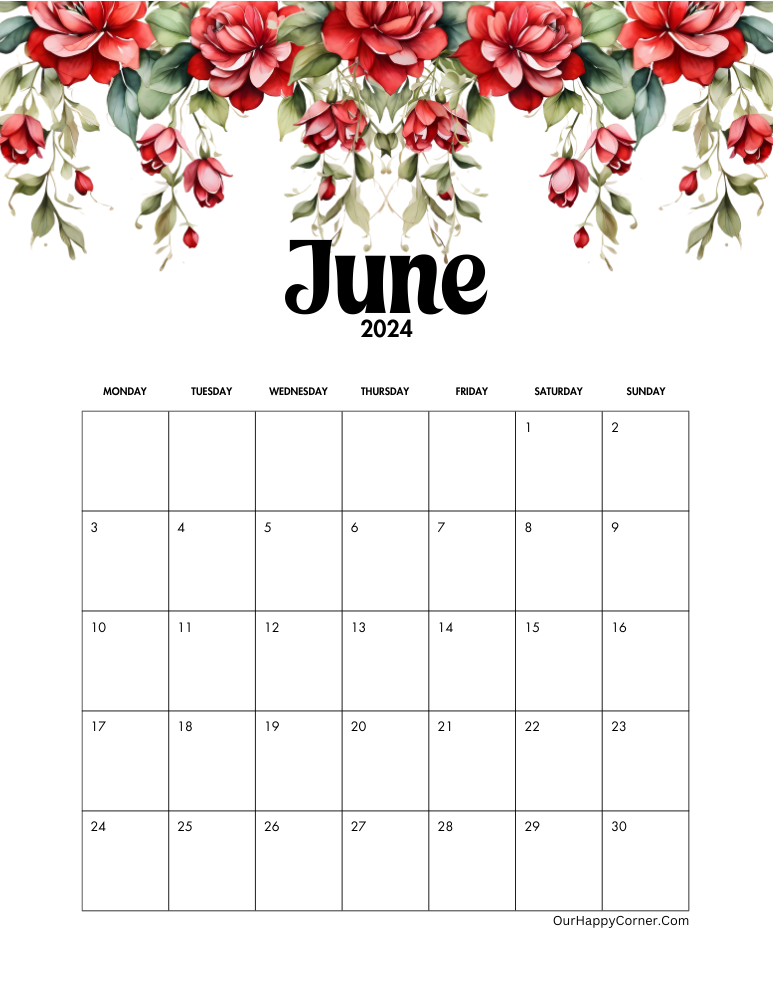 Red flowers monday start calendar