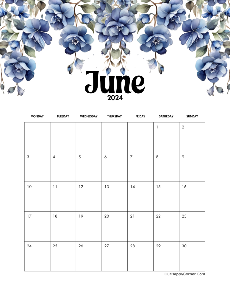 Blue flowers monday start calendar