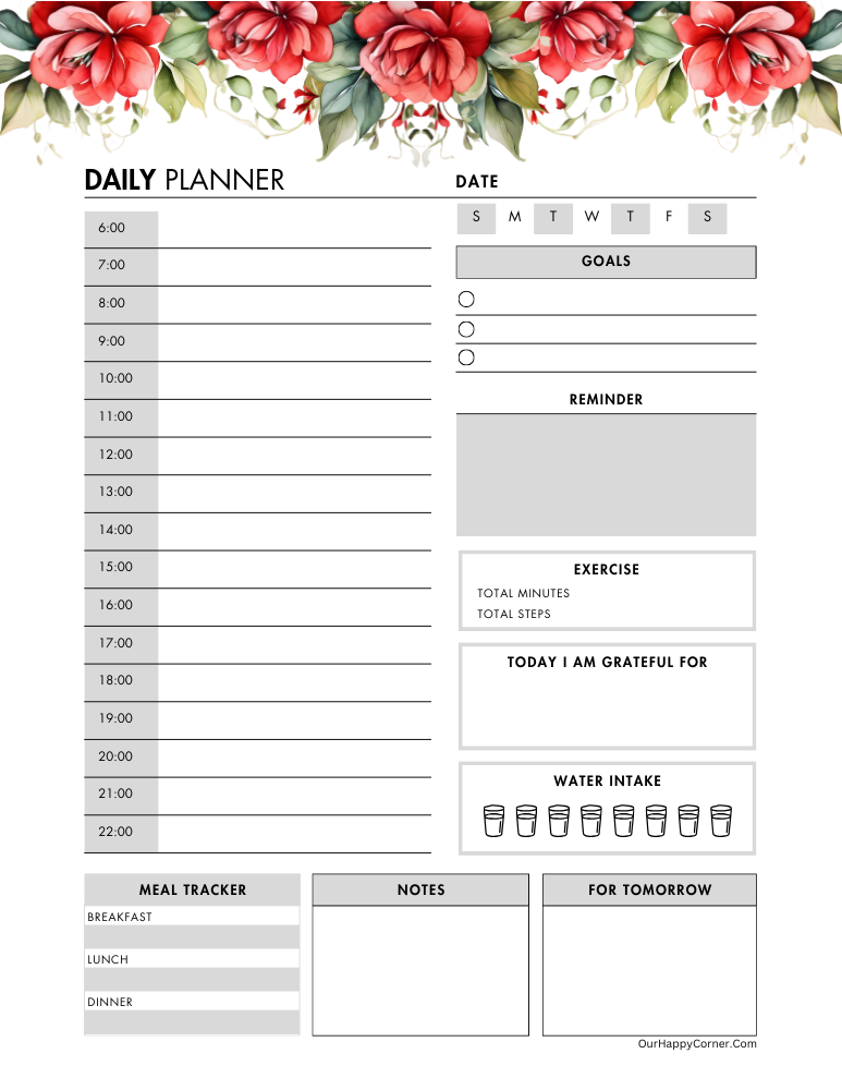 Red watercolor flowers decor planner