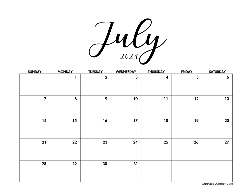 Minimalist horizontal July calendar
