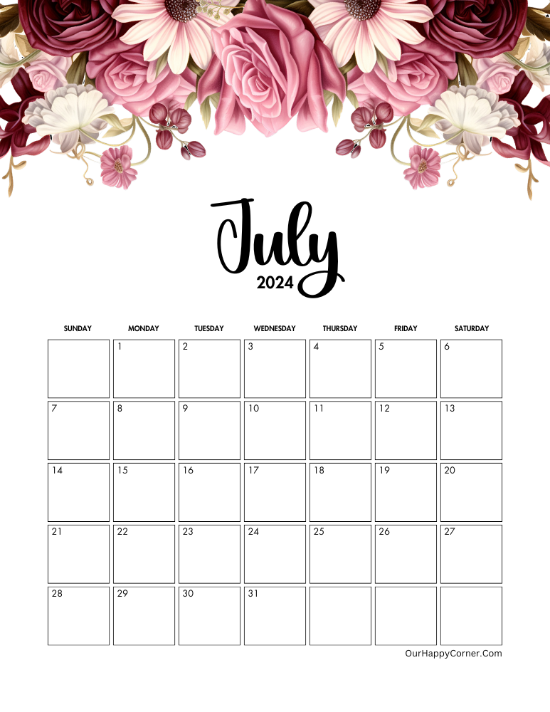 Floral 2024 calendar for the month of June