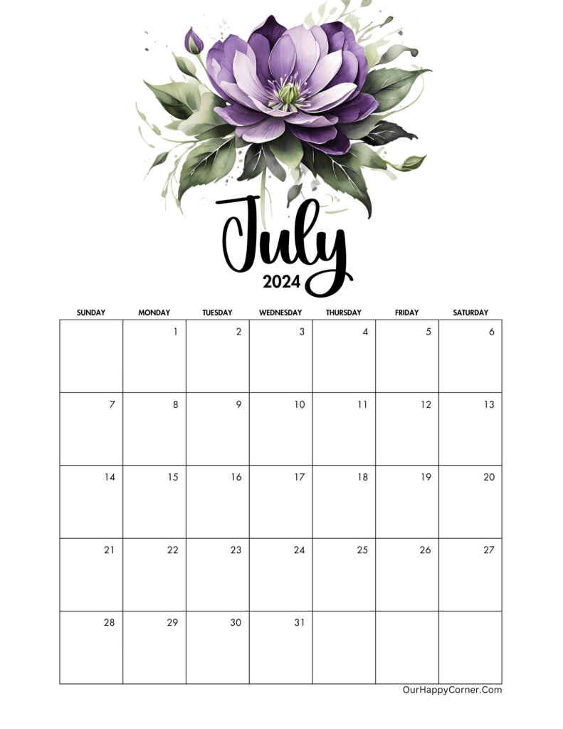 Purple flower calendar design for July
