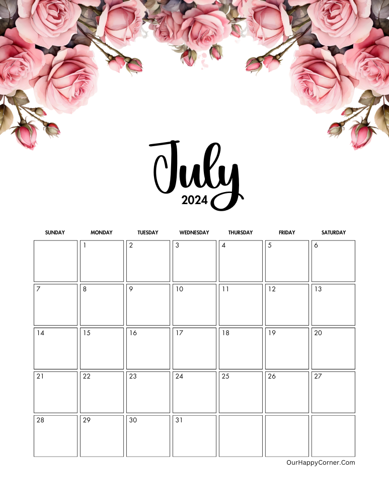 july calendar decorated with pink roses