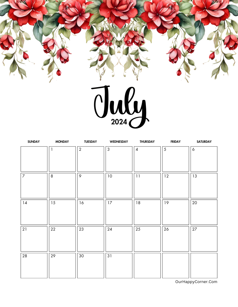 Floral July 2024 adorned with red flowers Sunday Start Date