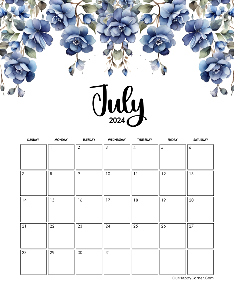 Floral July 2024 adorned with blue flowers Sunday Start Date