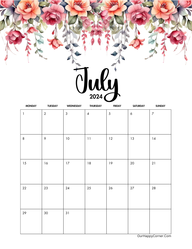 july calendar 2024 printable Monday start