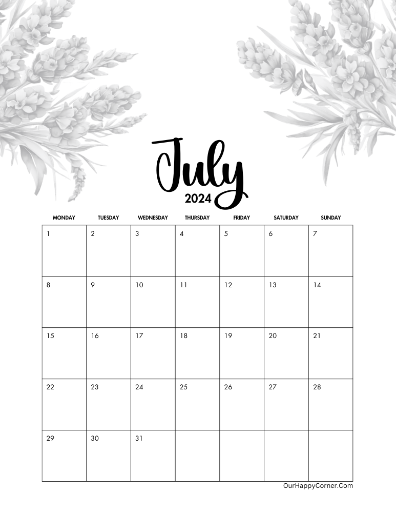 July calendar 2024 printable Monday start