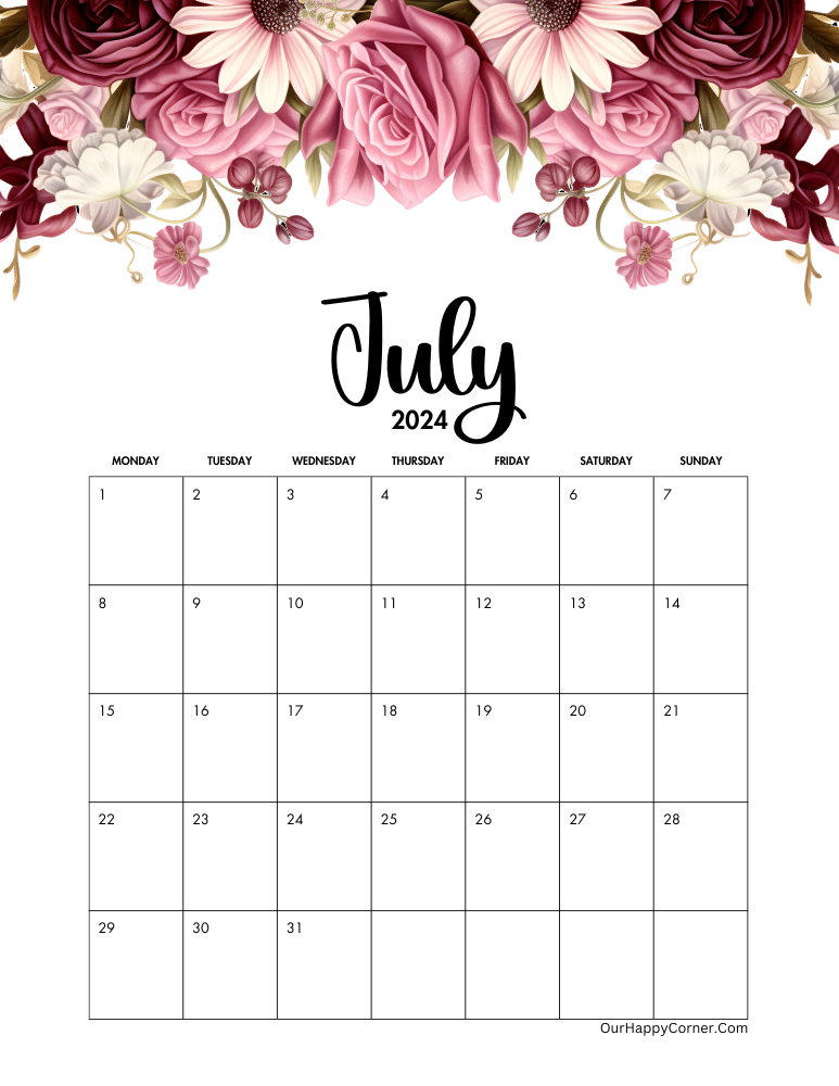 Floral 2024 calendar for the month of June Monday start