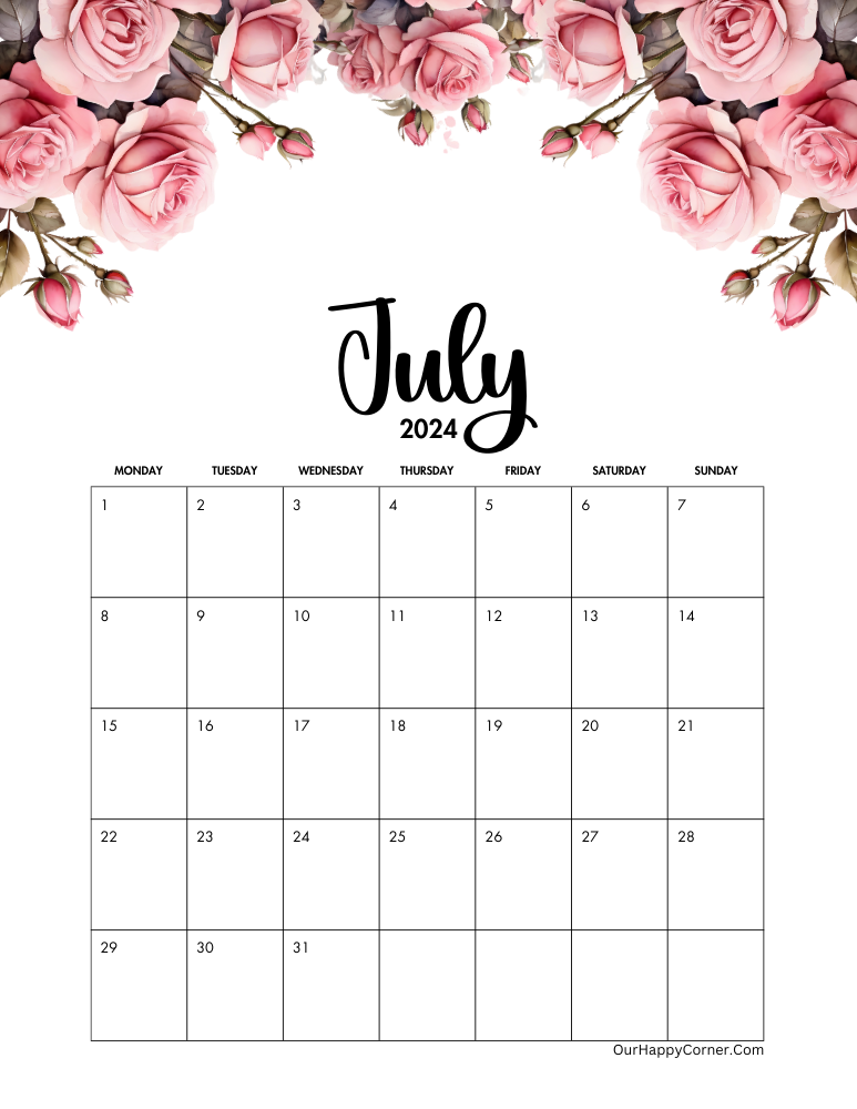 july calendar decorated with pink roses Monday start