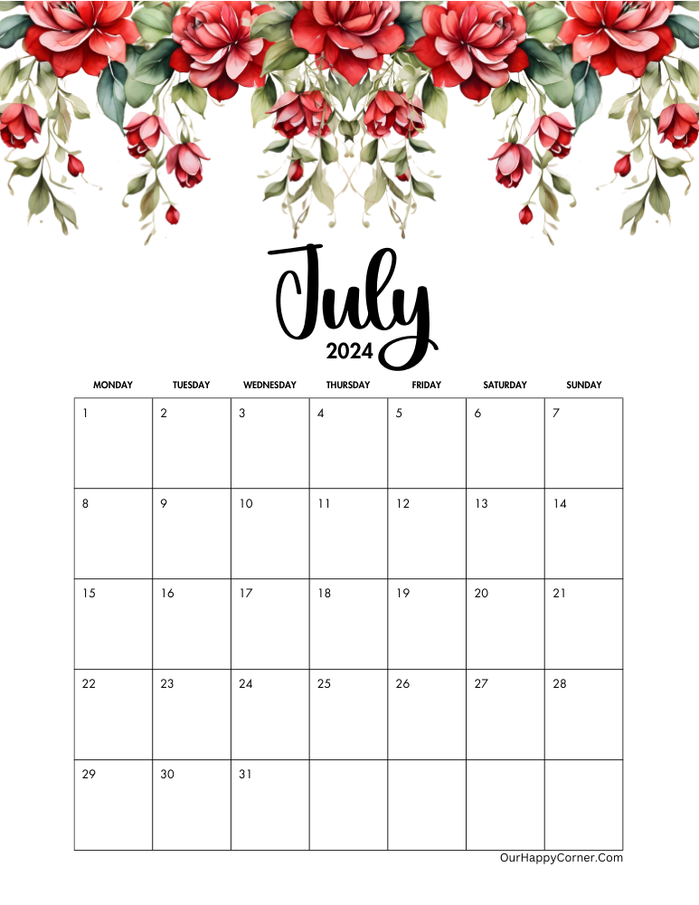Floral July 2024 adorned with red flowers Monday Start Date