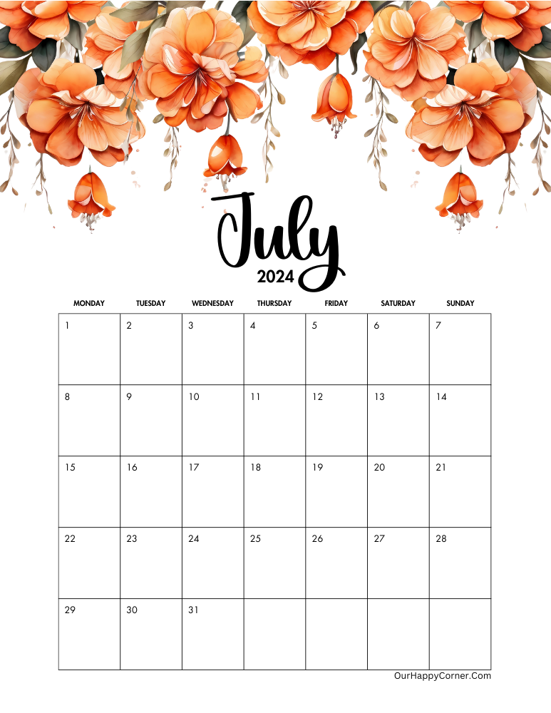 orange flowers calendar monday start