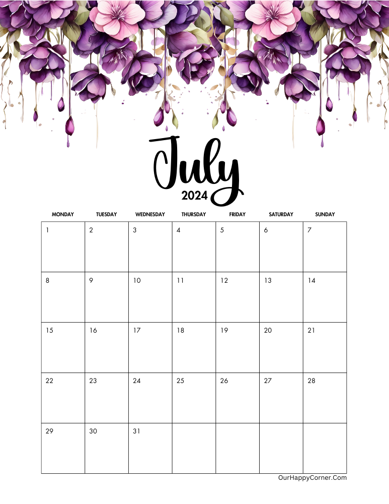 purple flowers calendar Monday start