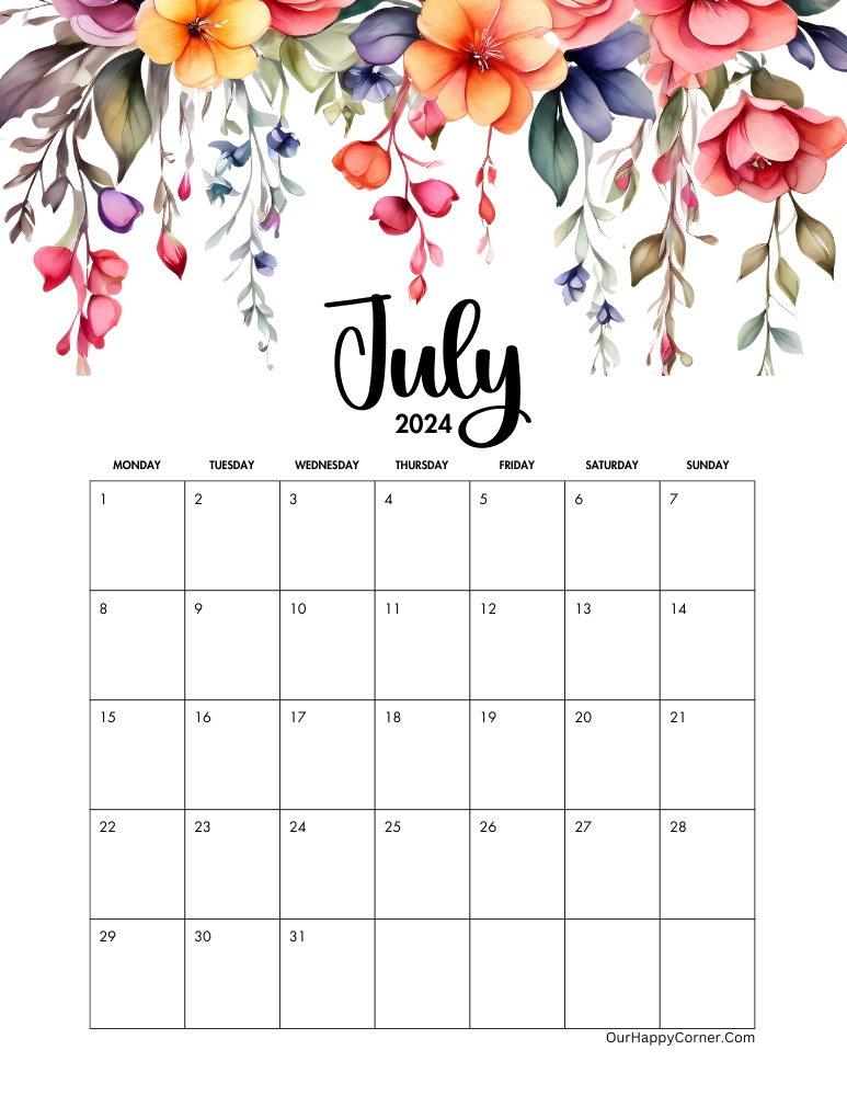 july calendar 2024 printable Monday start