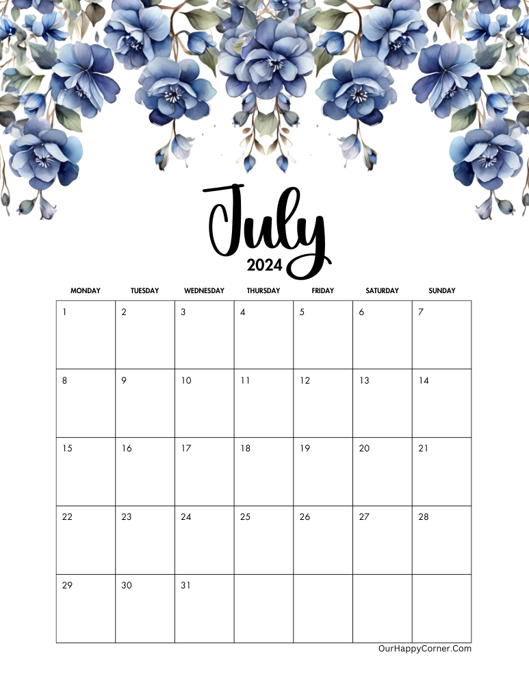 Floral July 2024 adorned with blue flowers Monday Start Date