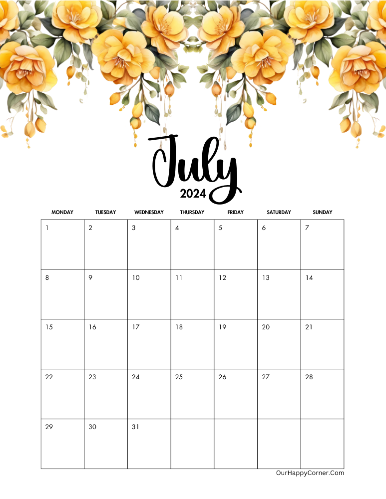 yellow flowers calendar Monday start date
