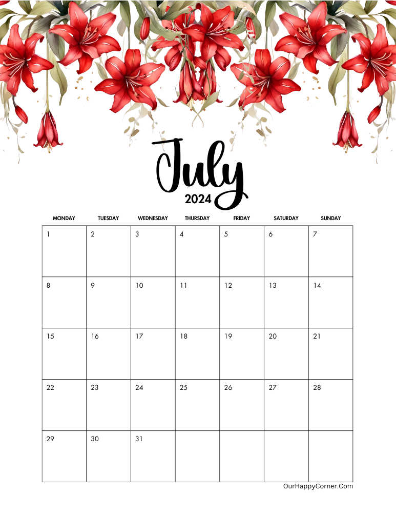 Floral calendar July 2024 Monday start